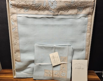 Extremely RARE Vintage Marghab Blue Morning Glory Tablecloth Linen Set4 Napkins - Hand Stitched Maderia, Portugal - Marshall Field's 42" Sq