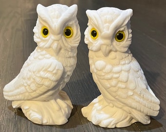 Figuras de búhos de piedra de sal italiana vintage de alabastro blanco (juego de 2)