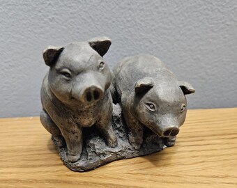 Vintage Pig Sculpture - Cast Stone Piggy Figurine - 3" Tall x 4" Wide - Molded Cast Stone Mt. St. Helens Sculpture Hand Crafted Volcanic Ash