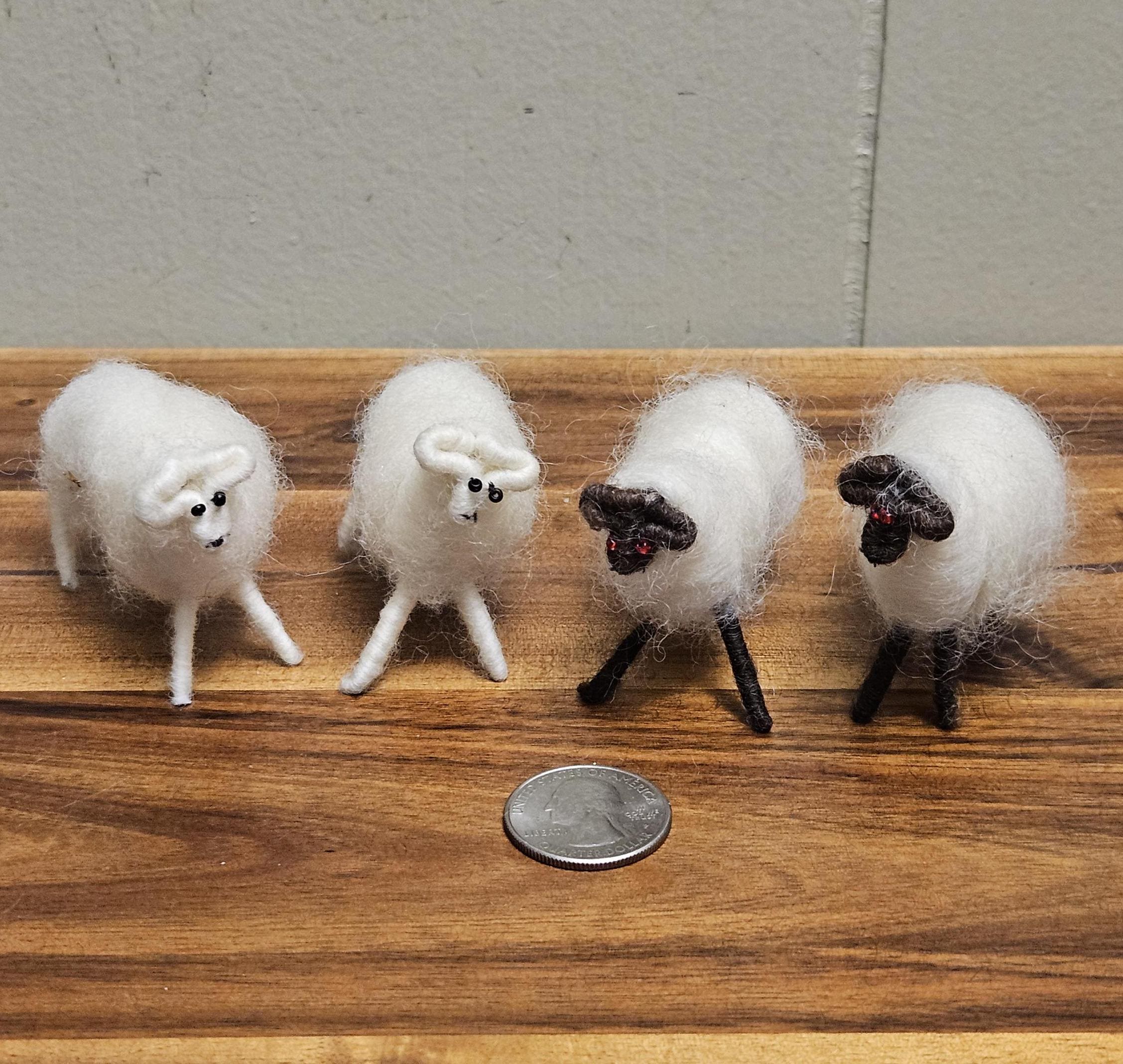 Wired Felted Wool Lambs / Sheep - Set of 4 (2 White / 2 Black) with Black and White Wire Faces and Legs with Bead Eyes - 2" H x 2.5" W