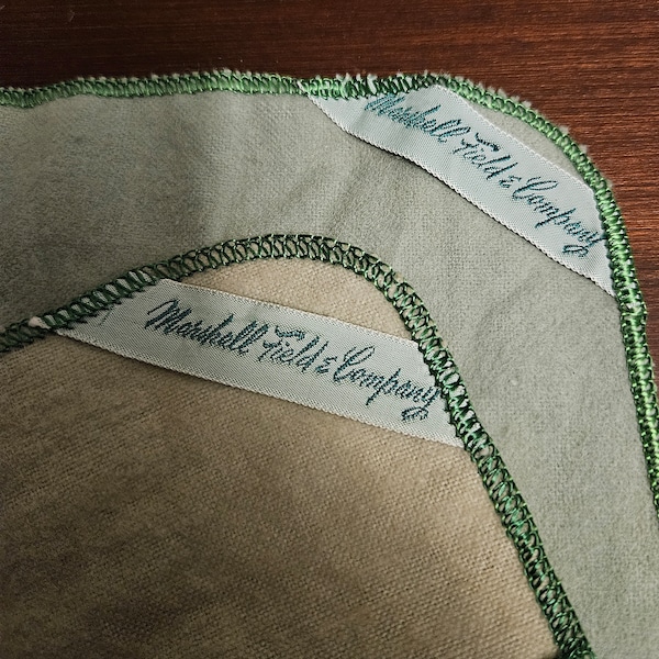 Lot of 2 Marshall Field's Classic Green Anti Tarnish Silver cloths / Bags - 13" x 8"  and 11" x 3.5"  for Sterling Storage