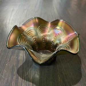 Fenton Green Carnival Glass Rare Peacock Tail Candy Dish