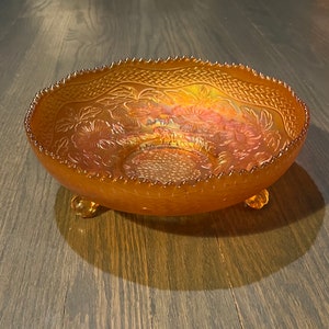 Fenton Marigold Carnival Glass Vintage Two Flowers Shallow 3-Footed Footed Bowl 1930’s