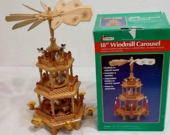 Wooden Windmill Christmas Three Tiered Nativity Carousel - 18” NIB