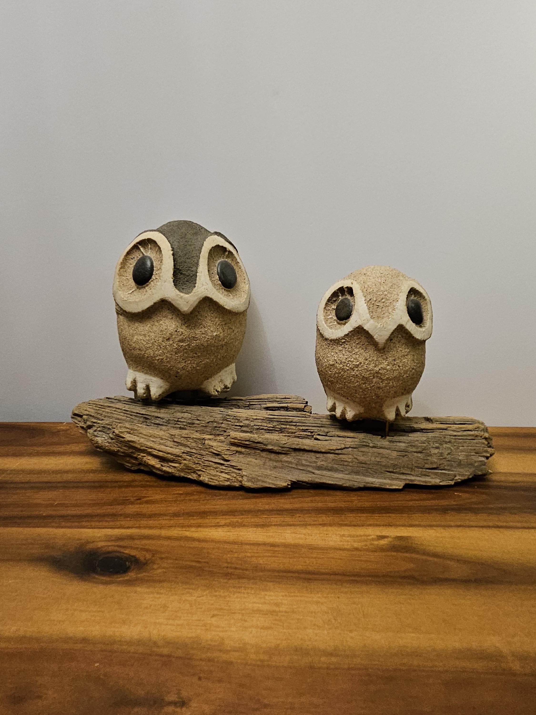 Vintage Hand Made Stoneware Pottery Owl Family Rustic Driftwood Rock Sculpture - Glazed Painted eyes