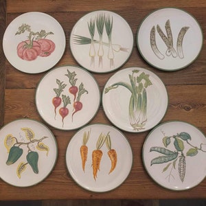 Italian Majolica “N 708” Vintage Salad Plates with Hand Painted Vegetable Design (Lot of 8)