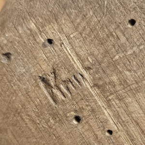 May include: Close-up of a weathered wooden surface with visible grain and several small, dark holes. The word "Kimi" is carved into the wood. The wood has a natural, light brown color.