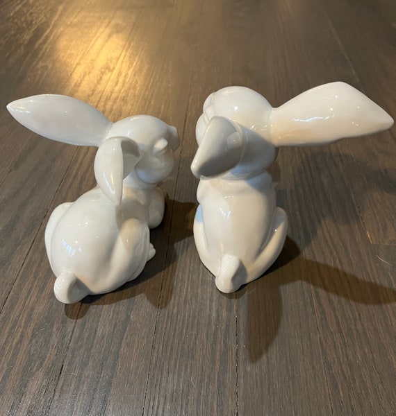 Laughing White Rabbits Vintage Japanese Porcelain (set of 2