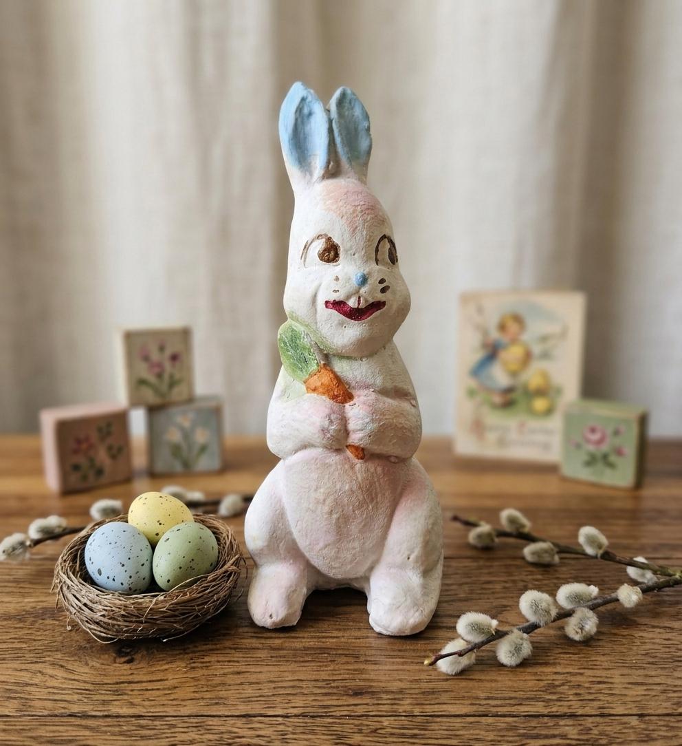 German Chalkware Easter Bunny 1940's Rabbit Holding Carrot