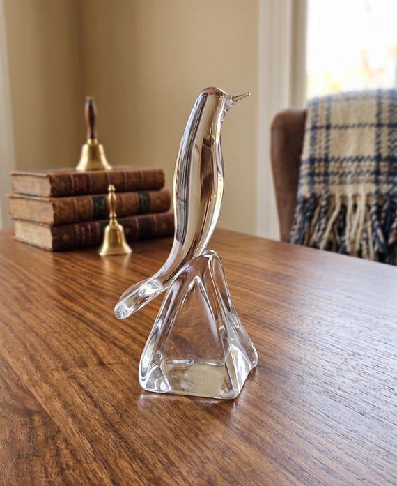 RARE 1950's Daum France Crystal Glass Bird Perched on Rock