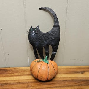 Smiling Black Cat Halloween Vintage Victorian Folk Art, Artist Made Hand Painted Metal Kitty Cat Figure on Pumpkin - 10&quot; H