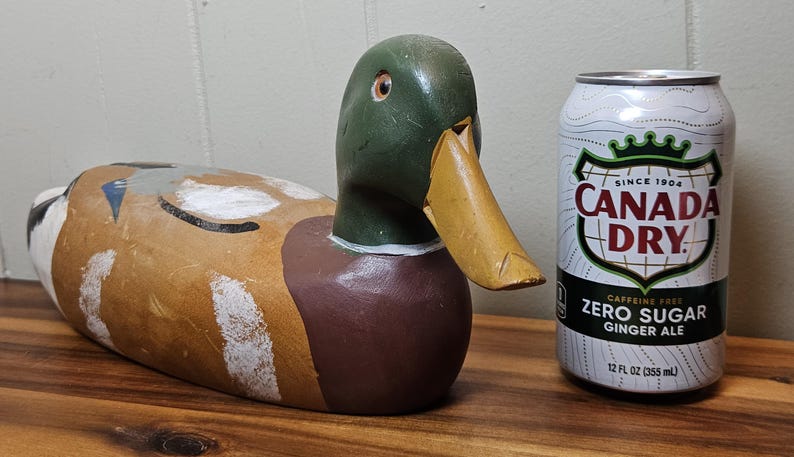 K&ouml;nnte beinhalten: Eine h&ouml;lzerne Entenattrappe mit gr&uuml;nem Kopf, gelbem Schnabel und braunem K&ouml;rper, neben einer Dose Canada Dry Zero Sugar Ginger Ale. Die Dose ist wei&szlig; mit einem gr&uuml;nen und schwarzen Logo und dem Text "CANADA DRY" und "ZERO SUGAR GINGER ALE".
