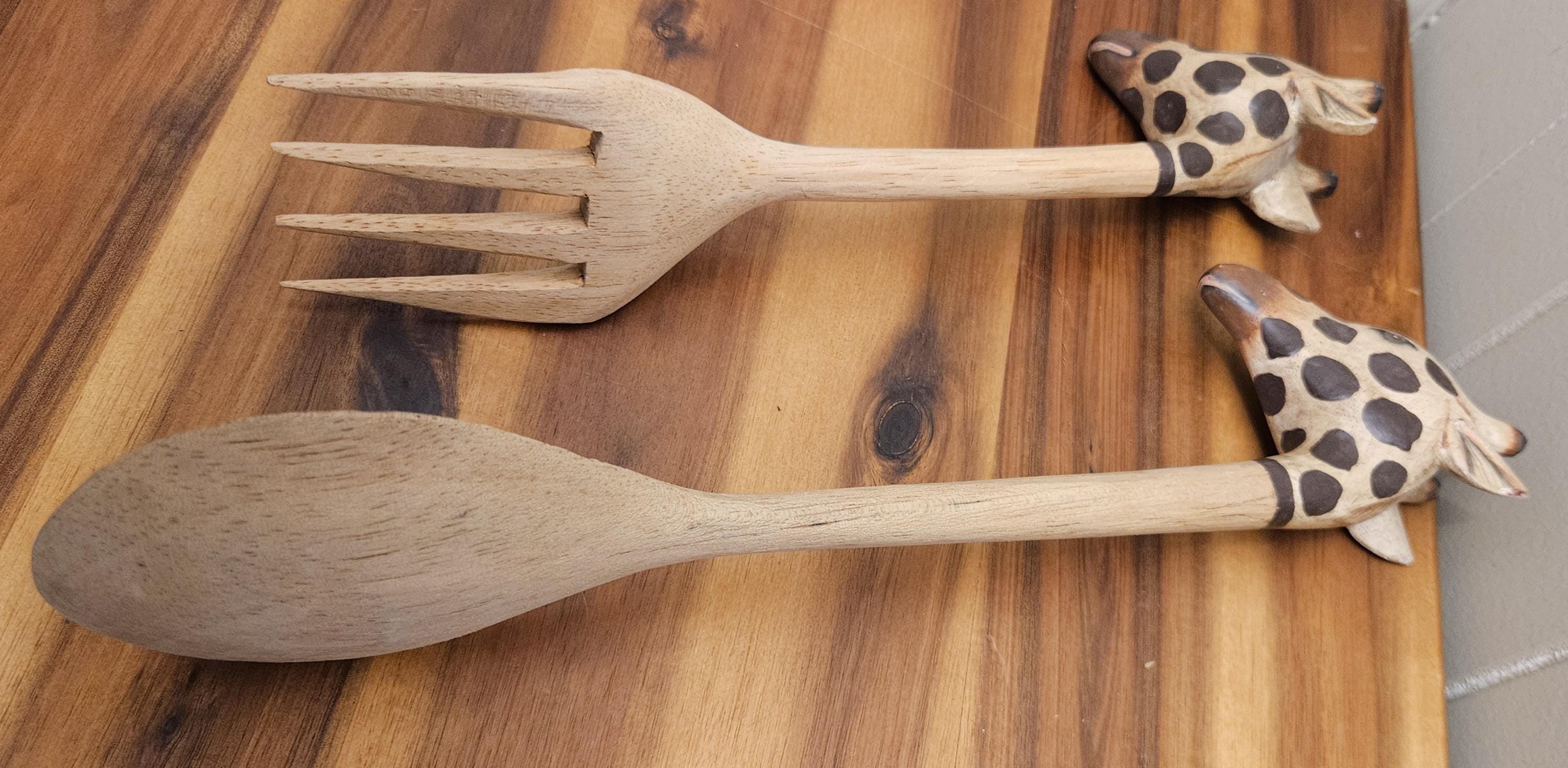 African Giraffe Head - Pair of Salad Serving Fork and Spoon