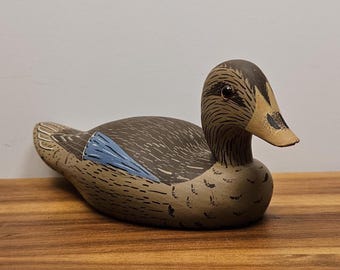 Mallard Hen Wildfowler Original Duck Co Decoy - Point Pleasant NJ - Vintage 1960s or 70's Artist Carved, Painted, Signed- 3"H x 8"W
