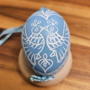 Ukrainian Pysanka Easter Egg Hand Crafted Genuine Egg Etched with Pair of Love Birds - Baby Blue - Baby Boy Shower Gift
