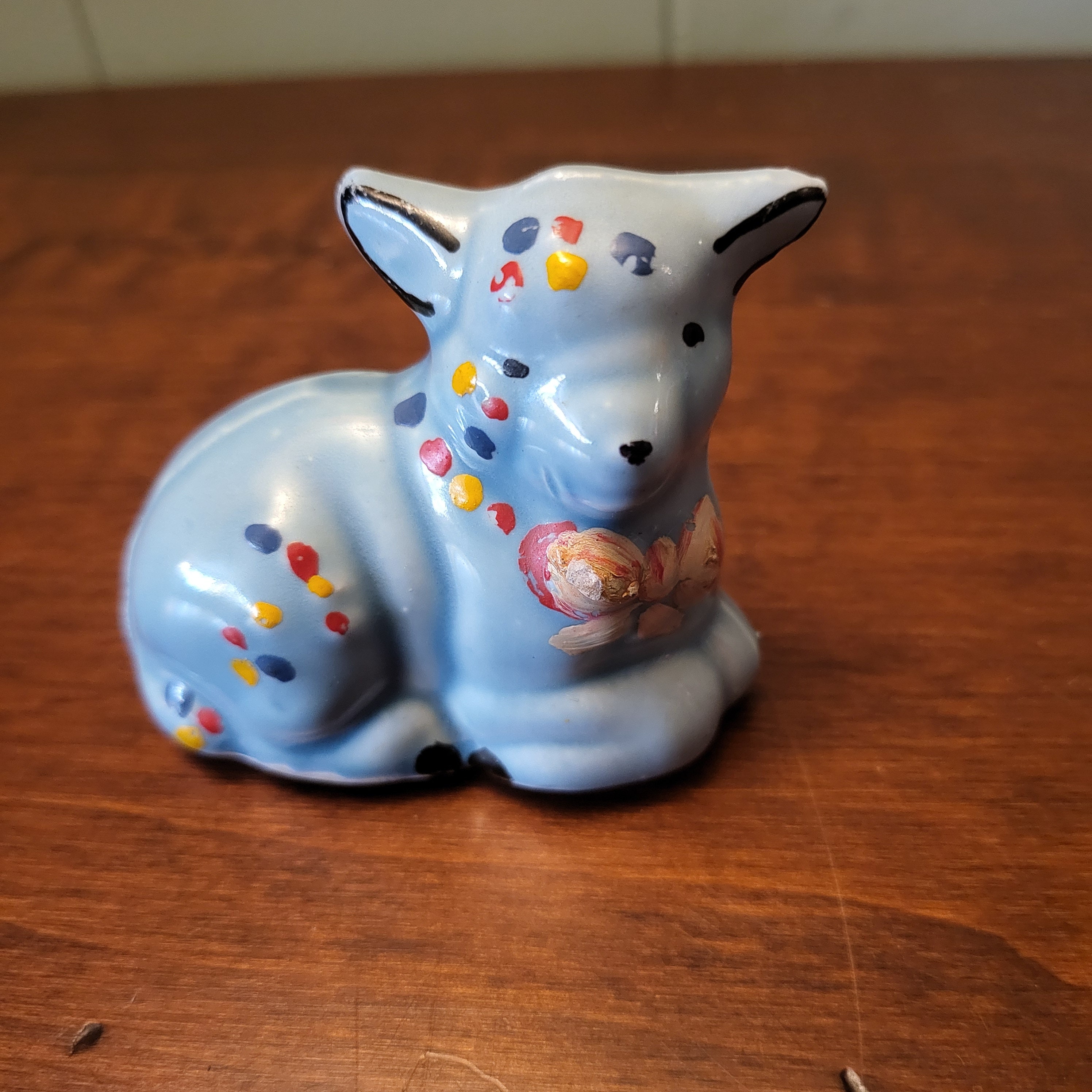 Vintage Lamb Sheep Early 1900's Hand Painted Blue Glazed Ceramic