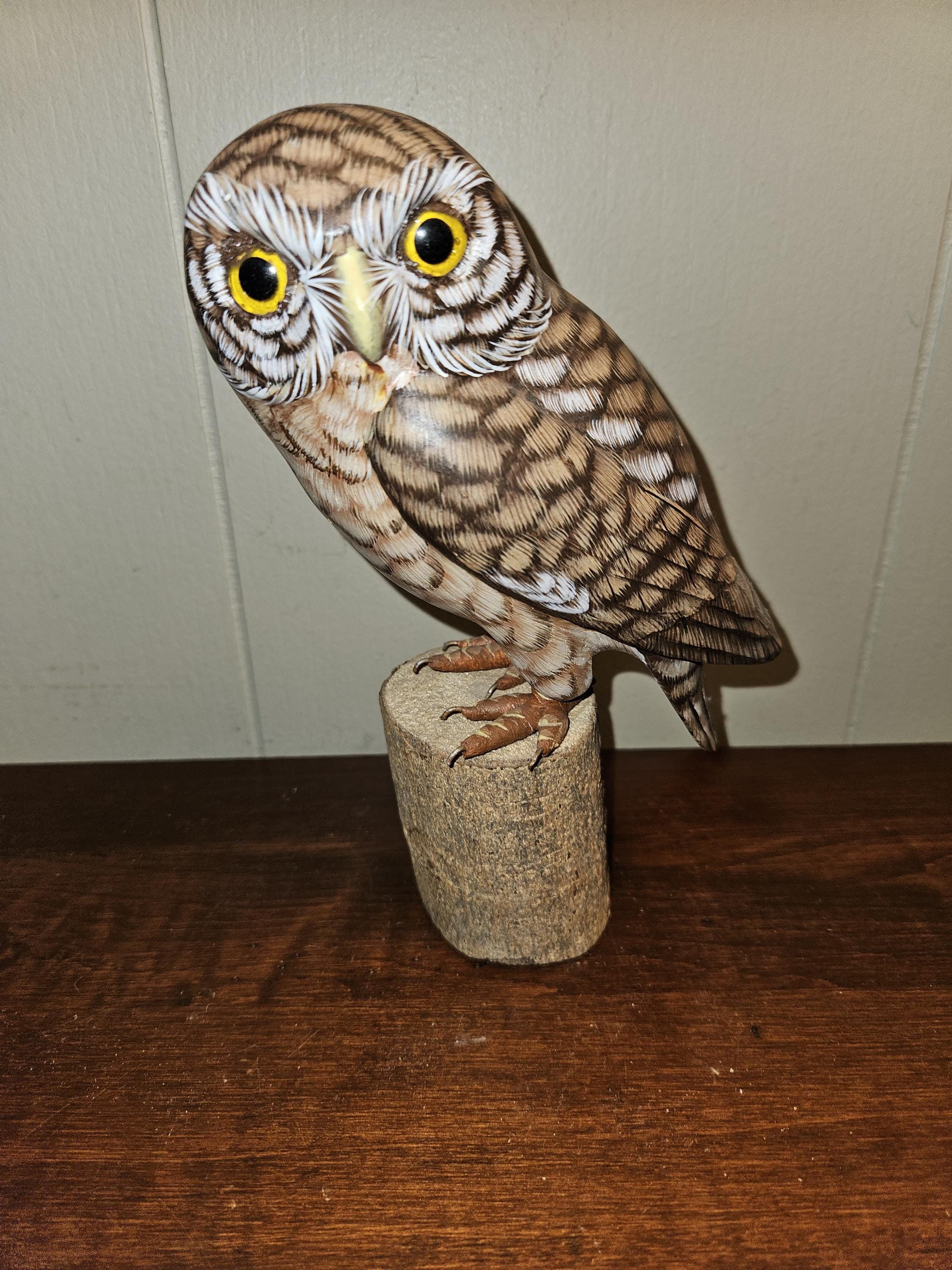 Hand Carved and Painted Owl, Glass Eyes, Realistic, Feet, Talons on Wood Base - 8" Tall x 5&quo