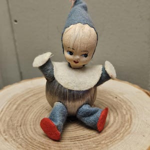Antique Early 1900s Made in Japan Satin Ball Girl Pixie Elf Dwarf with Hand painted face - 3.5" Tall (Felt arms, Hat, Legs and trim)