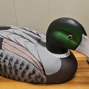 May include: A hand-painted wooden duck decoy with a green head, white beak, and detailed gray and brown feathers. A can of Canada Dry ginger ale is next to the duck. The can is white with red and black text.