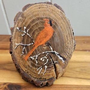 Original Painting Red Bird / Cardinal on Snowy Branch - Hand Painted on 5&quot; H x 4&quot; W Natural Wood Piece - Artist Signed