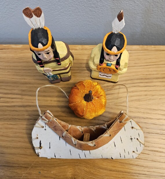Native American Indian Couple Rustic Wood - Artist Carved and
