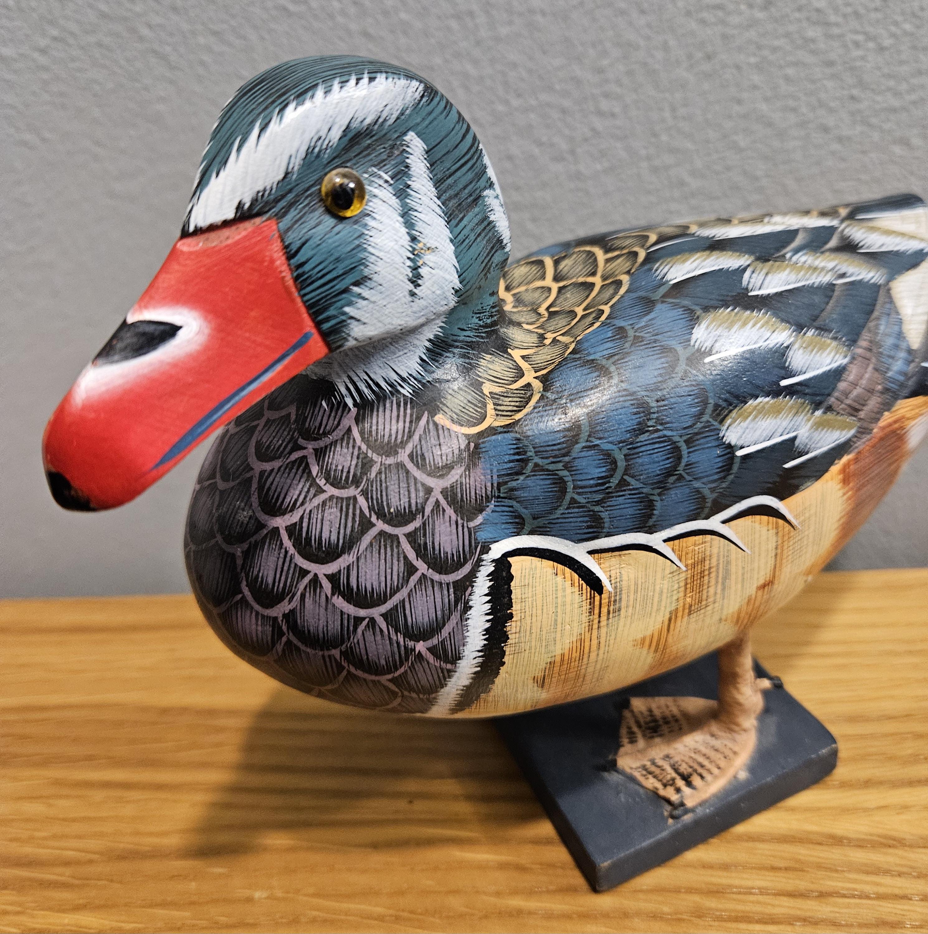 Standing Wood Duck Decoy on Wood Base With Webbed Feet - Vintage