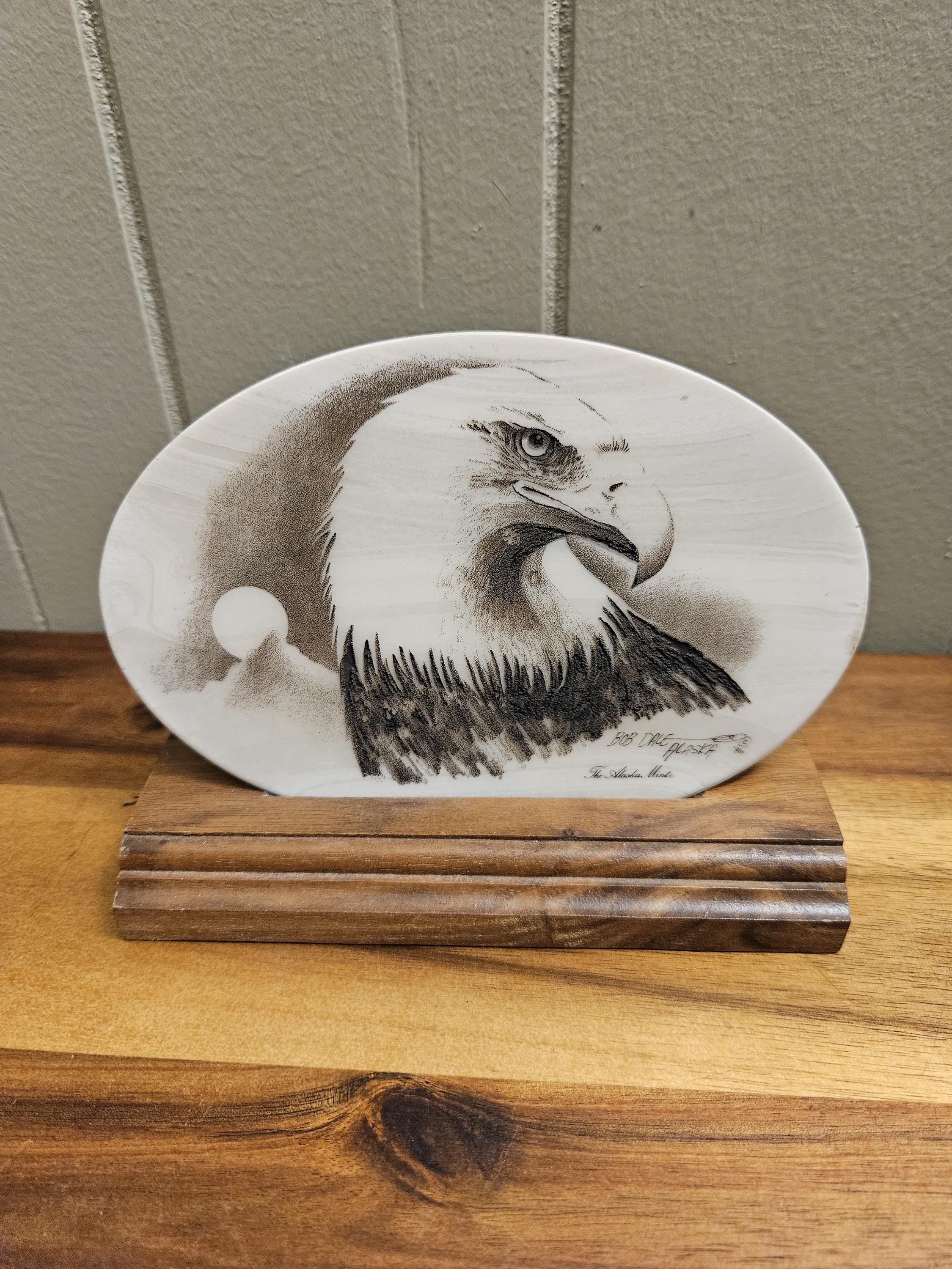 Vintage 1986 Artist Carved Bald Eagle on Wood Pedestal - Bob Dale