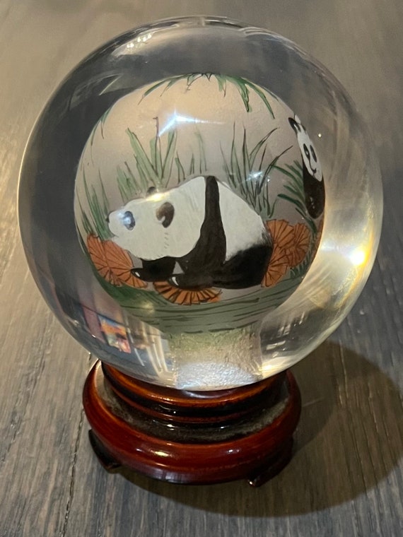 Panda Bear Reverse Hand Painted Vintage Crystal B… - image 2