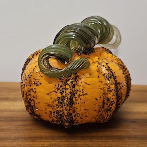 Puede incluir: Una calabaza decorativa de vidrio con un cuerpo naranja brillante salpicado de detalles oscuros. La calabaza presenta un tallo de vidrio verde en espiral. Esta pieza artesanal es perfecta para la decoración otoñal.