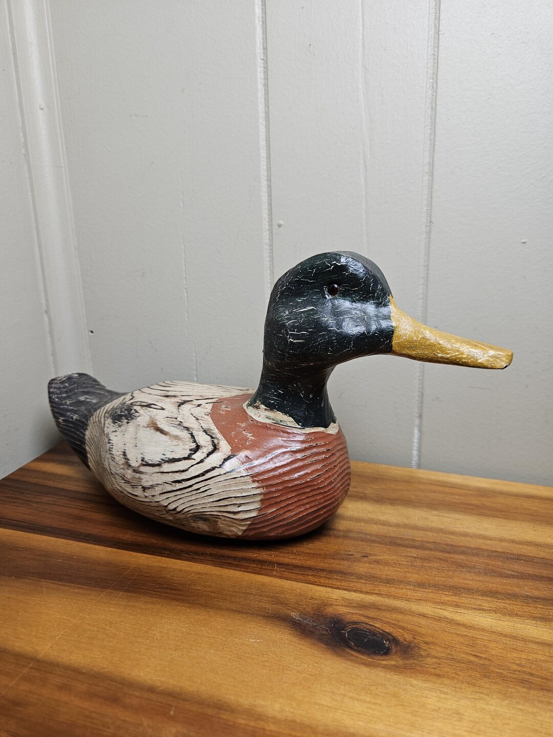 Vintage 1990's Hand Painted and Carved Natural Wood Grain Mallard