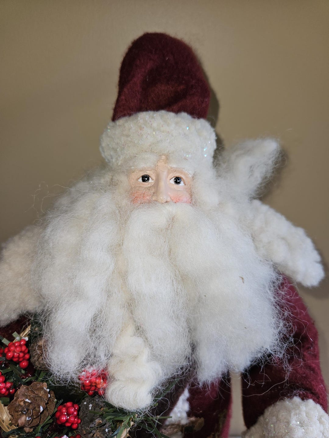 Santas by Donna ビンテージ サンタクロース人形 ハンドメイド Christmas Vintage Artist Made Santa on Wood Base With Red Fur