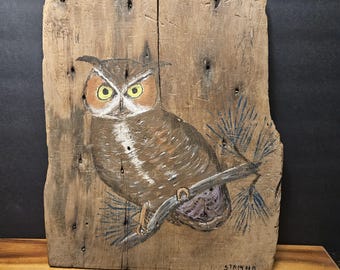 LARGE Barn Wood Artist Painted Owl-Hand Made Up Cycled Reclaimed Barnwood Plank - 16"H x 13"W x 1"Thick- OOAK