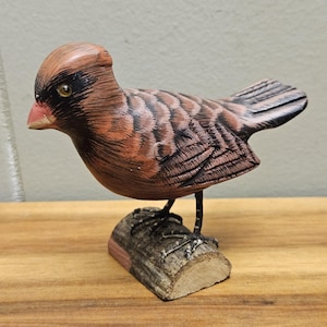 Hand Carved Wood Cardinal Red Bird Sculpture- natural Wood Pedestal / Log Branch Base - 3.5&quot; H x 4&quot; W - Artist Signed - Folk Art Wooden