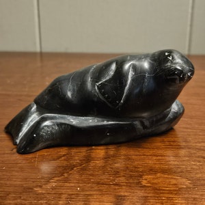Vintage Original Canadian Eskimo Inuit Art Carved Seal Stone Sculpture - 4.5&quot; long - Soapstone Figurine - Artist Signed and Numbered