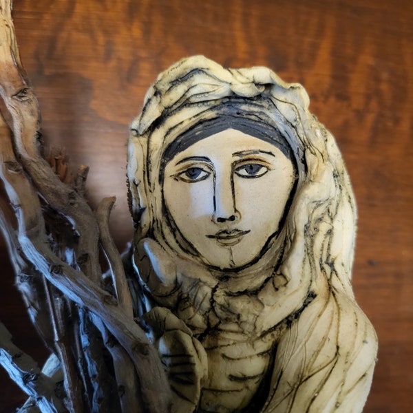 Raku Sculpture Artist made Raku Style Pottery Shrouded woman Sculpture figurine  - Hand molded, Artist Signed HUBBARD
