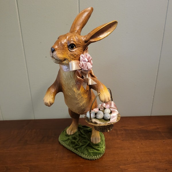 Golden Brown Vintage 1950’s Easter Bunny Rabbit with Green Velvet Base, Real Ribbons and Brass Woven Basket with Eggs.  12" Tall