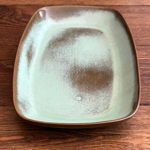 May include: A rectangular ceramic plate with rounded corners. The plate features a light green center with a brown rim and edges. The plate is set against a wooden surface.