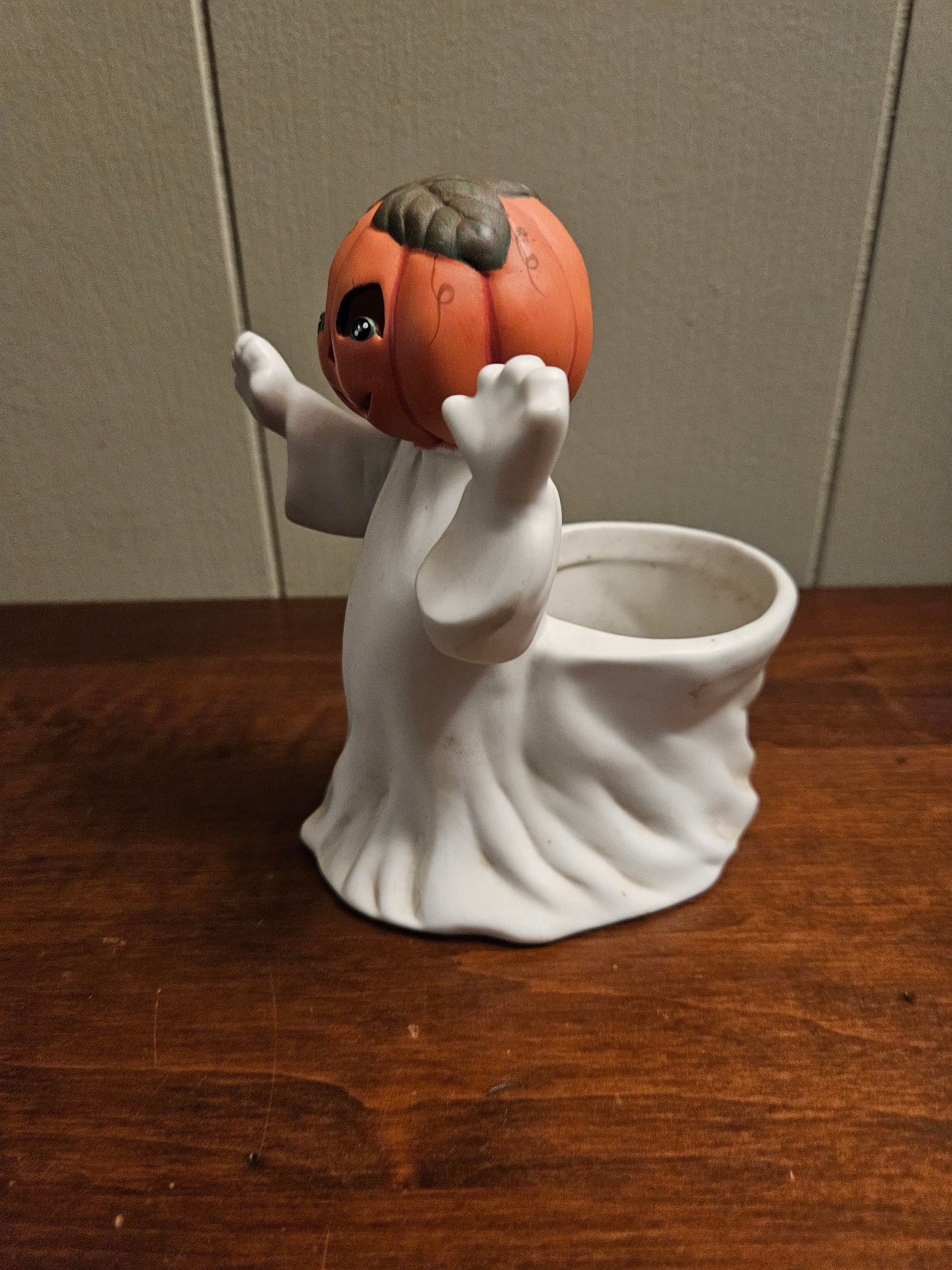 Halloween Ghost Jack O Lantern Vintage Folk Art Candy Dish / Candle ...