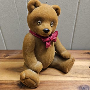 Vintage Fuzzy Flocked Felt Bear Money / Coin Bank with Glass eyes - Perfect for Valentine&#39;s Day, Anniversary or Child&#39;s Birthday Gift