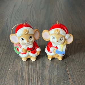 Christmas Mouse Vintage Hand Painted Ceramic Ornaments (2) by Enesco