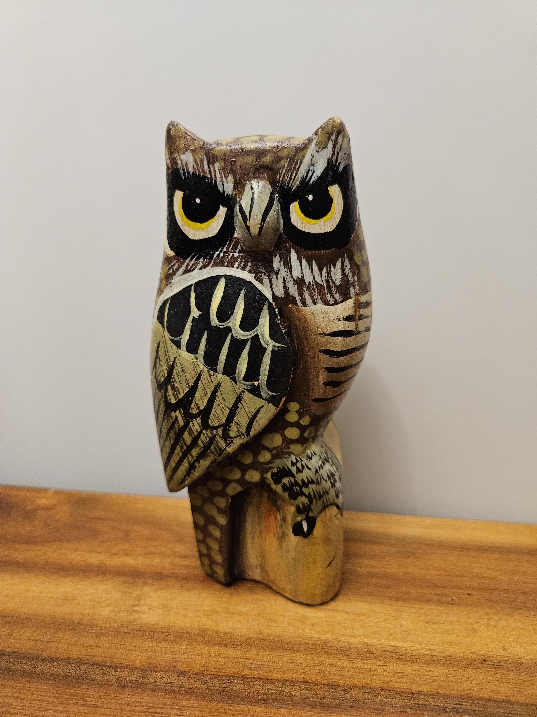 Hand Carved and Painted Owl on Wood Base - 6" Tall x 3" Wide - Artist Signed