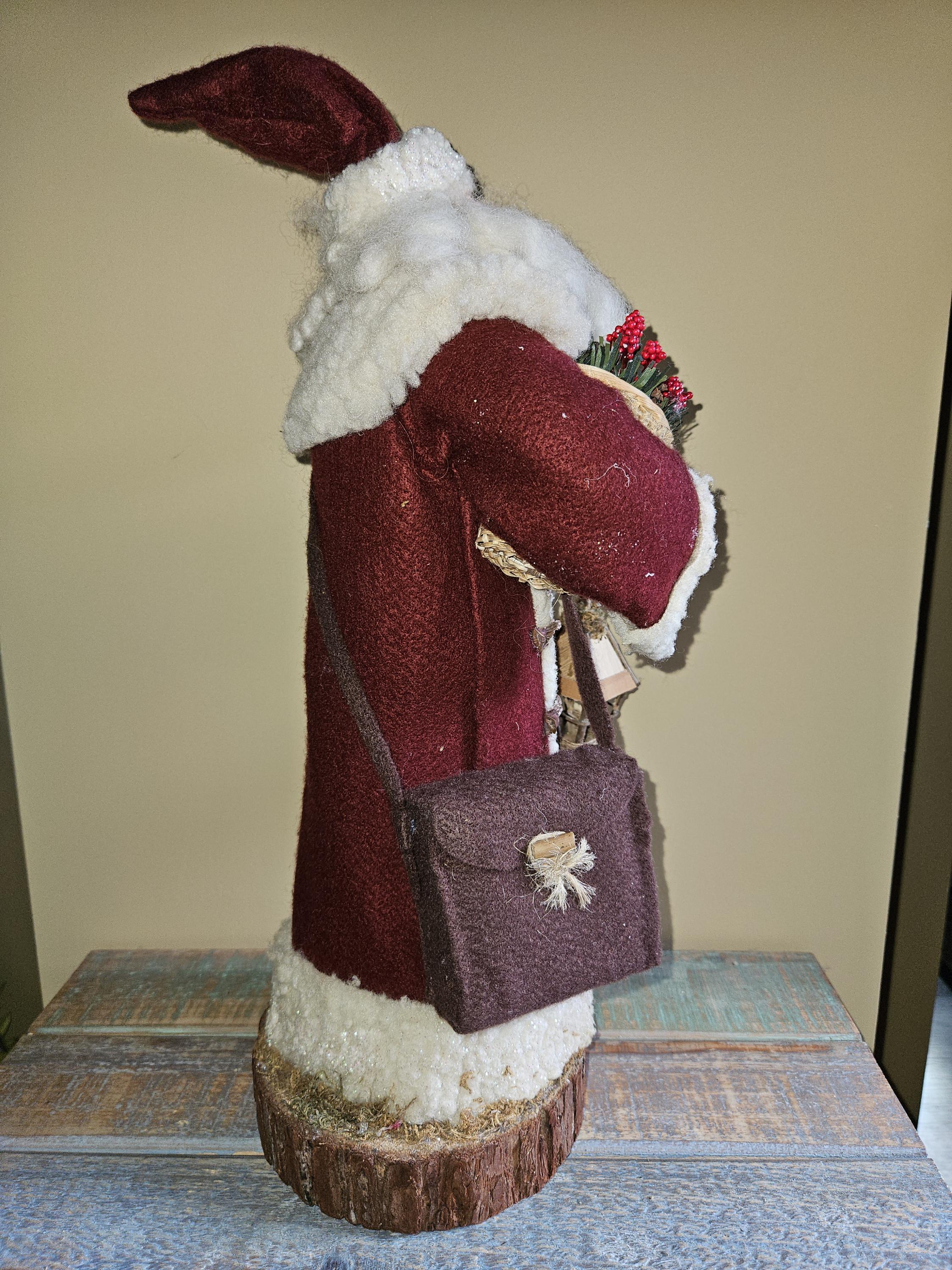 Christmas Vintage Artist Made Santa on Wood Base With Red