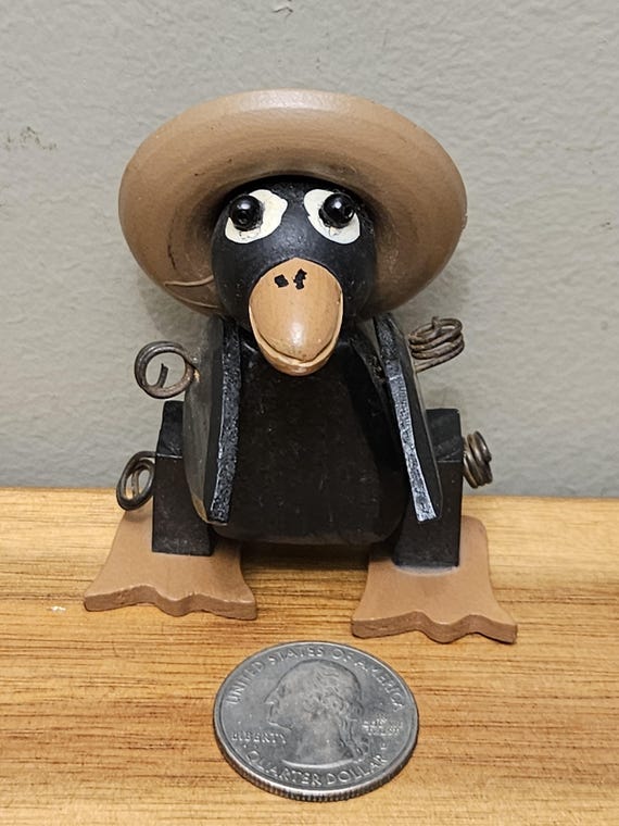 Crow With Farmer's Hat Wood Carved Bird - Hand Painted - Jointed