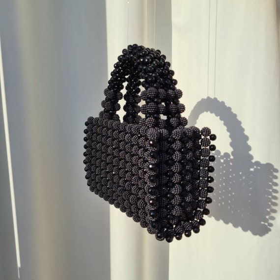 MIESROHE BEADS BAG(ミースロエ ビーズバッグ)ブラック。 Black Berry Bead Bag, Handmade Bag, Bead Handbag, Bead Purse