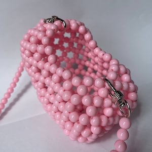 Pink Heart Bead Bag, Handmade, Bead Purse, Bead Handbag, Cross Body Bag, Gift for Her, Valentines Day, Birthday Gift, Mothers Day