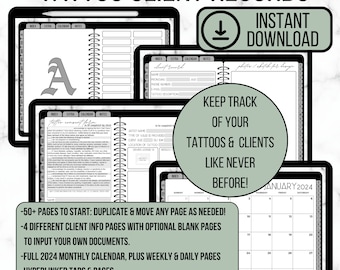 May include: A digital planner for tattoo artists with a black and white design. The planner includes client information pages, a calendar, and weekly and daily pages. The planner is available for instant download.