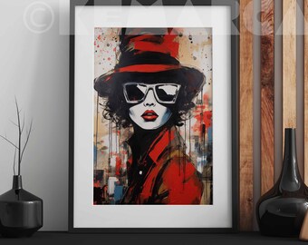 Wall Art Poster: Paris Fashion Lady in Red in Vibrant Street Art Cityscape. Unframed Poster
