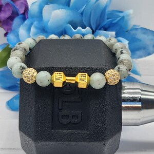 Iron Bella. Kiwi Jasper Dumbbell Bracelet - Emotional Strength & Tranquility Fitness Jewelry, Unique Workout Accessory