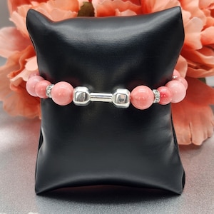 Pink Quartzite Dumbbell Charm Bracelet: Fitness Jewelry