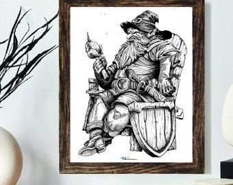 Elfo Nano Nano fantasy epico banchetto in un pub Stampa artistica - Schizzo disegnato a mano con pennarello Sharpie
